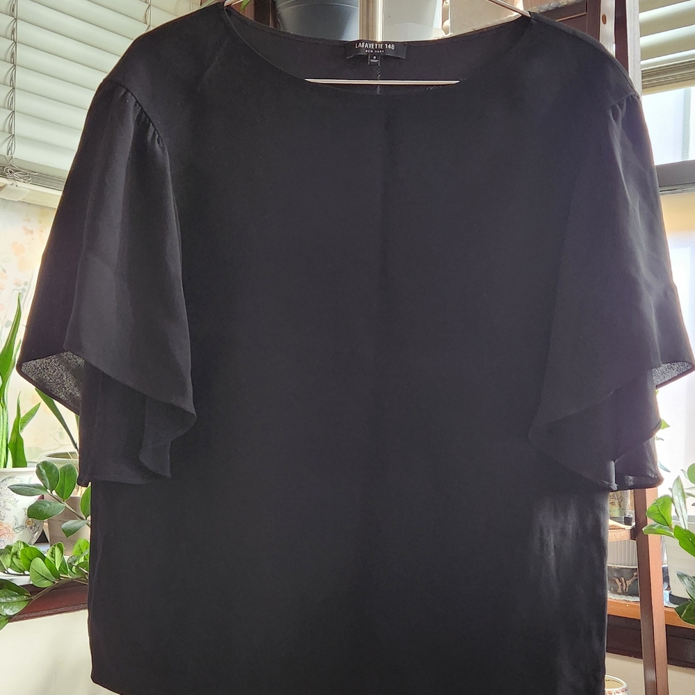 Lafayette 148 New York, 100% Silk, Black Blouse with Draped Sleeves